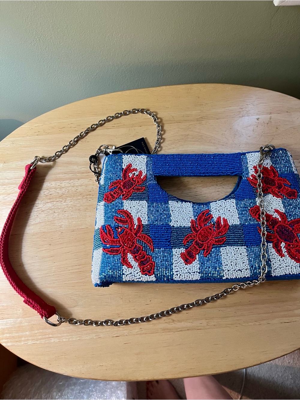 Beaded Blue Checkered Lobster Clutch with Shoulder Strap - Picture 4 of 5